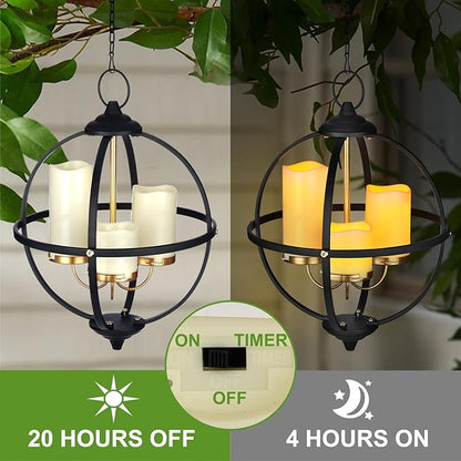 Battery Operated Outdoor Candle Chandelier - Black and Gold Metal Globe Hanging Pendant Light with 3 Flameless Candles, 12.6" Waterproof Lights for Gazebo, Pergola, Garden, Porch & Backyard