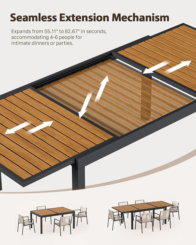 ZANDOR Expandable Outdoor Dining Set for 4-6-8,Patio Table and Chairs Set with Wood Top for Garden,Backyard,Porch,55"-82.7" Extendable Aluminum Outdoor Table Set with 4 Chairs,Grey