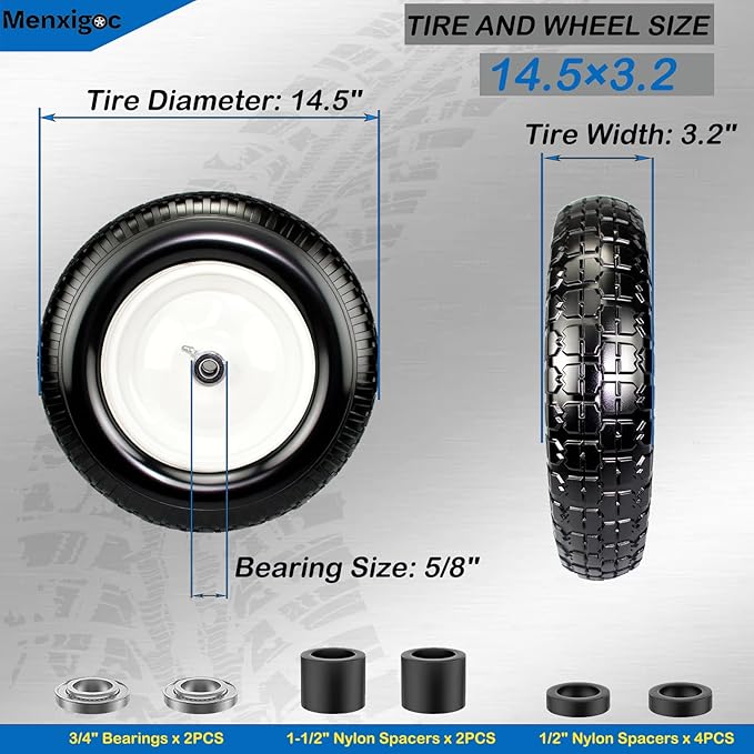 4.80/4.00-8 Solid Tire, 14.5" Flat Free Tire and Wheel, 5/8" Bore Bearing with 3/4" Extra Bearings, 3" -7" Centered Hub - Universal for 4.80-8 4.00-8 4.00-6 3.50/3.00-8 Wheels