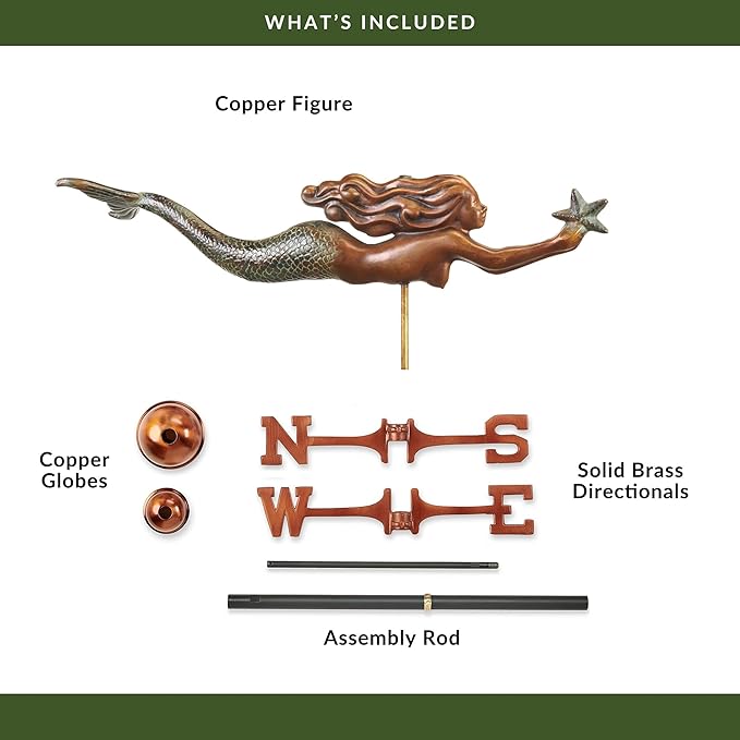 Mermaid with Starfish Weathervane - Pure Copper Hand Finished Multi-Color Patina by Good Directions