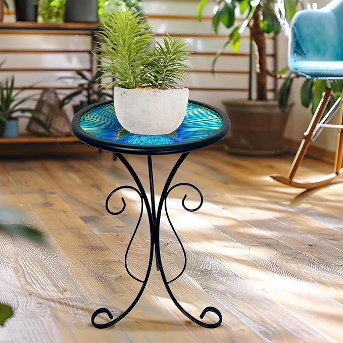 HONGLAND Outdoor Side Table, 12" Round Small Outdoor Glass End Table, Glass Plant Stand, Small Bistro Coffee Table for Garden Patio Porch Living Room （Peacock）