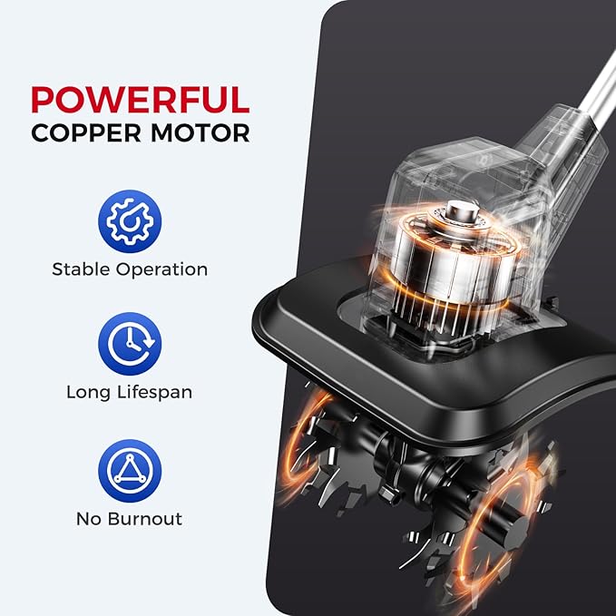 Cordless Electric Tiller for Gardening, Total 8.0Ah Battery Powered Mini Cultivator with 2×4.0AH Batteries & Charger, 9" Width, 6.6" Depth, 48 Steel Tines Rototiller for Soil Cultivation