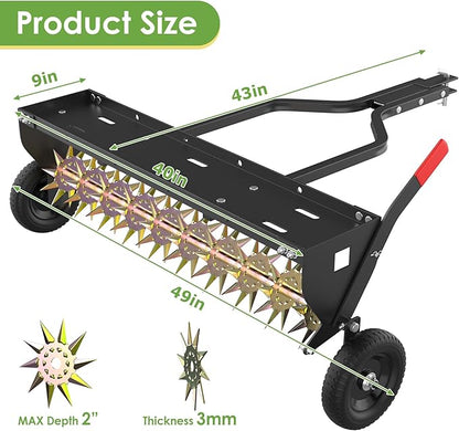 Seeutek 40 Inch Tow Behind Spike Aerator - Heavy Duty Rolling Lawn Aerator with 3D Steel Tines & Weight Tray, Extra-Wide Tow Bar Soil Penetrator Spikes Tractor with Folding Shovel for Lawn Garden Farm