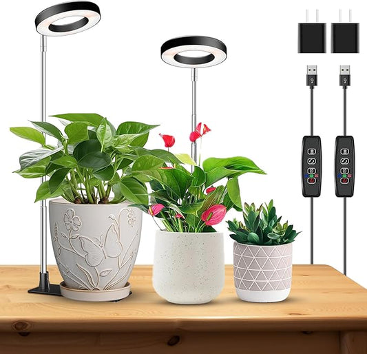 Kullinss Grow Light, 48 LEDs Full Spectrum Plant Lights for Indoor Growing, Halo Plant Light with 3/9/12H Timer, 3 Color Modes, 10 Brightness, Height Adjustable Grow Lamp for Small Plants (2 Pack)