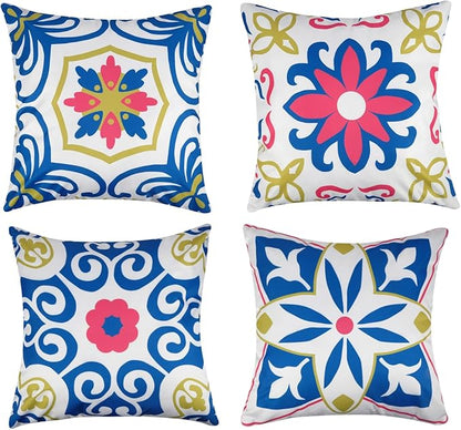 Pyonic Outdoor Pillows Waterproof Throw Pillow Covers Set of 4 Floral Printed and Boho Farmhouse Outdoor Pillow Covers for Patio Funiture Garden 18x18 Inch