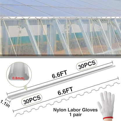 Spring Wire & Lock Channel - 10 Sets PVC Coated Spring Wire & Aluminum Alloy U-Channel Bundle with Nylon Gloves, 6.6 ft Farmer Greenhouse Frame Kit for Fix Poly Film Shade Cloth