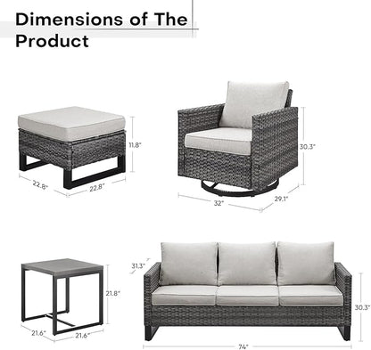 Wicker Patio Furniture Set, 6 PCS Outdoor Patio Furniture Set with Swivel Chairs, Includes 2 Swivel Patio Chairs, 1 Outdoor Couch, 1Side Table and 2 Ottoman, Grey/Beige