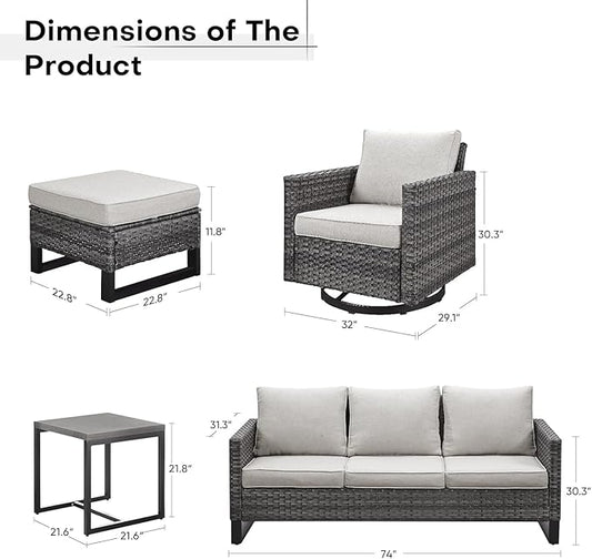 Wicker Patio Furniture Set, 6 PCS Outdoor Patio Furniture Set with Swivel Chairs, Includes 2 Swivel Patio Chairs, 1 Outdoor Couch, 1Side Table and 2 Ottoman, Grey/Beige