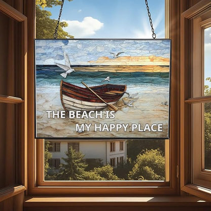 Rectangle The Beach is My Happy Place Stained Glass Suncatcher Window Hanging, Gothic Dragon Christmas Ornaments for Fiction Lovers, Dinosaur Room Decor for Nursery New Home Gifts