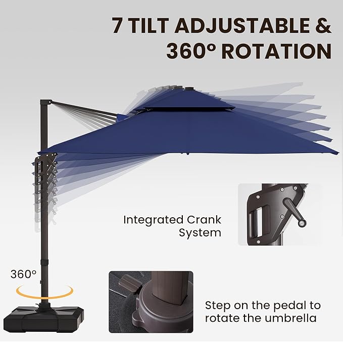 9' X 12' Cantilever Patio Umbrella Outdoor with Base Included Heavy Duty Double Top Windproof Rectangle Offset Umbrellas with 360-degree Rotation for Pool Deck Backyard, Navy