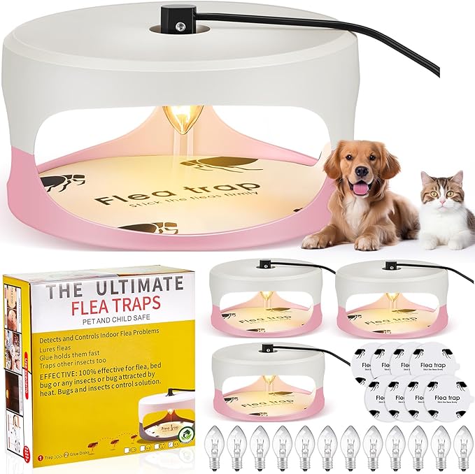 Qualirey 4 Packs Flea Traps for Inside Your Home with 8 Sticky Disc 12 Bulbs 4 Electric Wires, Pest Insects Killer Bed Bug with Light for Indoor Safe to Pets(Round Flea Trap,Pink, White)