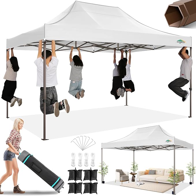 COBIZI 10x15 Pop Up Heavy Duty Canopy with Upgrated Hexagonal Legs, Easy up Tent for Parties, Commercial and Wedding, Outdoor Canopy with Roller Bag, Sand Bags, Waterproof & UPF50+ (White)