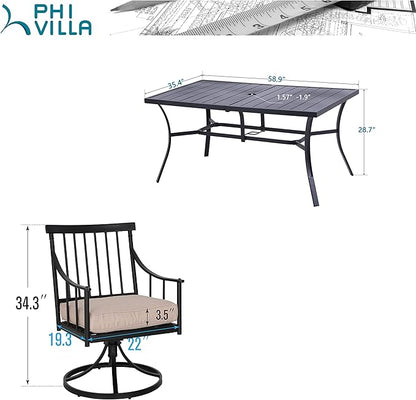 PHI VILLA 7 Pieces Outdoor Dining Set for 6, Black Rectangle Wrought Iron Table with Umbrella Hole & Swivel Metal Chairs with Cushions, Modern Furniture for Patio, Deck, Yard, Porch