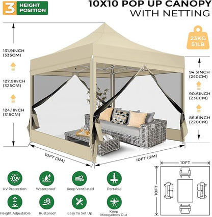 COBIZI 10x10 Heavy Duty Pop Up Canopy Tent with 4 Sidewalls, Commercial Gazebo Party Tent with Mosquito Netting Wall Easy Set Up Outdoor Instant Screen Canopy for Backyard, Patio, Garden, Khaki