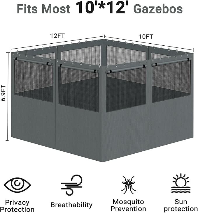 Gazebo Privacy Curtain 10'x12', Replacement Curtains with Mosquito Net Windows, 4-Panels Side Wall, Zippers, Waterproof Outdoor Curtains for Patio, Canopy, Garden and Backyard, Gray (Curtain Only)