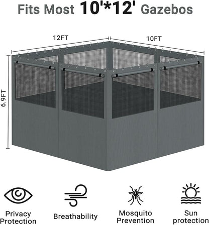 Gazebo Privacy Curtain 10'x12', Replacement Curtains with Mosquito Net Windows, 4-Panels Side Wall, Zippers, Waterproof Outdoor Curtains for Patio, Canopy, Garden and Backyard, Gray (Curtain Only)