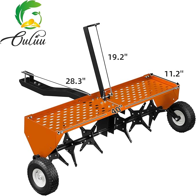 40" Lawn Aerator Tow Behind, Pull Behind Aerator with Universal Hitch, 24 Galvanized Steel Tines, Tray and Pneumatic Tires, Plug Behind Aerator is Suitable for Gardens, Lawns and Farms