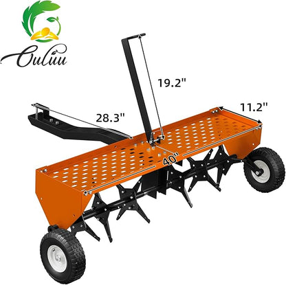 40" Lawn Aerator Tow Behind, Pull Behind Aerator with Universal Hitch, 24 Galvanized Steel Tines, Tray and Pneumatic Tires, Plug Behind Aerator is Suitable for Gardens, Lawns and Farms