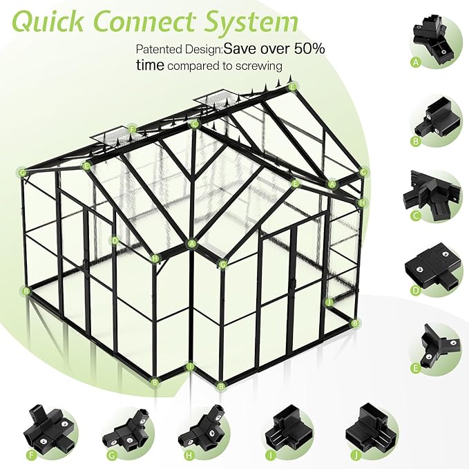 AMERLIFE 12x10x8 FT Hybrid Polycarbonate Walk-in Greenhouse for Outdoors, Aluminum Frame with Quick-Connect Assembly, Double Doors, Ventilation for Backyard Garden, Black