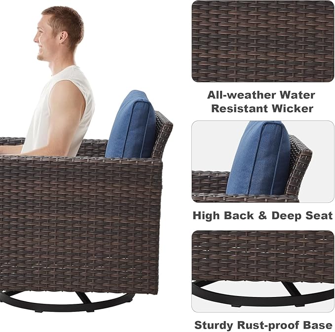 Wicker Outdoor Swivel Chairs Set of 4 with Fire Pit Table, 5 Pieces Patio Furniture Set with Fire Pit Table for Yard, Deck, Garden, Brown/Blue