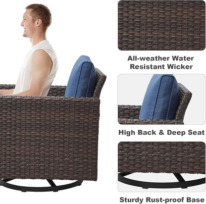 Wicker Outdoor Swivel Chairs Set of 4 with Fire Pit Table, 5 Pieces Patio Furniture Set with Fire Pit Table for Yard, Deck, Garden, Brown/Blue