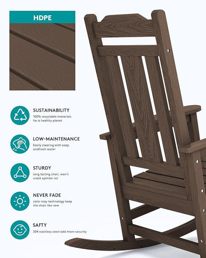 SERWALL Outdoor Rocking Chair Set of 8, Patio Rocking Chairs Set, HDPE Rocking Chair Outdoor for Adults, Heavy Duty Front Porch Rocker, Coffee