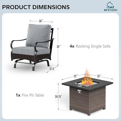 MFSTUDIO 5 Pieces Outdoor Patio Furniture Set, Metal Outdoor Conversation Sofa, Rattan Wicker Patio Sectional Sofa Set with 4 x Rocking Single Sofa, 1 x Fire Pit Table, Grey