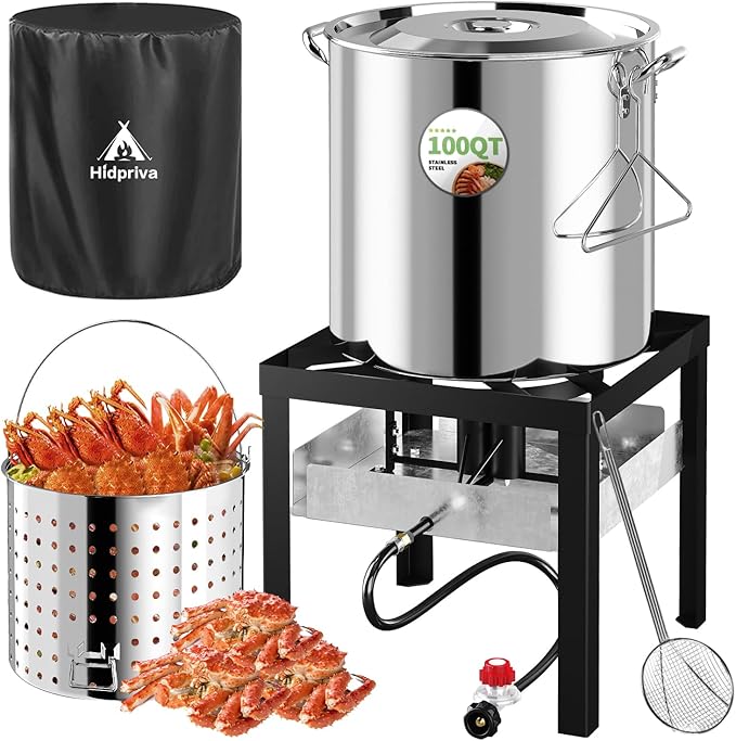 Stainless Steel 100QT Crawfish Boiler Kit, Waterproof Cover & 18-inch Skimmer, 110,000BTU Propane Burner Stove, 0-20PSIG Regulator, Seafood Boil Pot, Crab Boil Pot with 80QT Basket