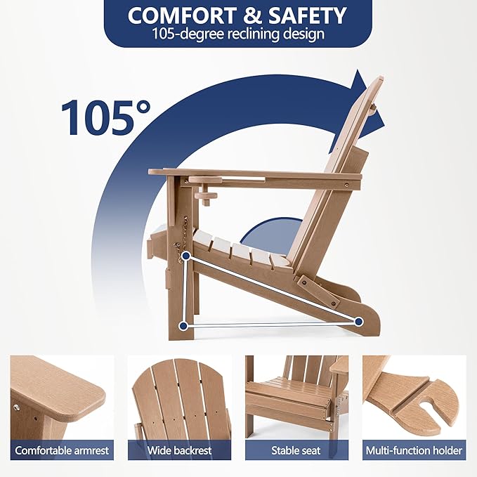 Folding Adirondack Chair, HDPE Outdoor Texture Lawn Chair with Reclining Back, Cup and Phone Holder - Comfortable Firepit Chair Weather Resistant for Patio or Backyard (Brown, Set of 2)