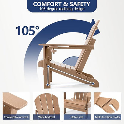 Folding Adirondack Chair, HDPE Outdoor Texture Lawn Chair with Reclining Back, Cup and Phone Holder - Comfortable Firepit Chair Weather Resistant for Patio or Backyard (Brown, Set of 2)