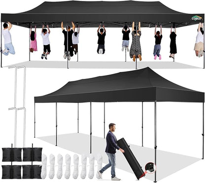 COBIZI 10x30 Pop up Canopy Tent 10x30 Canopy No Sidewall Waterproof Heavy Duty Commercial for Parties Outdoor Garden Gazebo Tent, Carry Bag with Wheel(10x30ft No Sidewalls, Black)