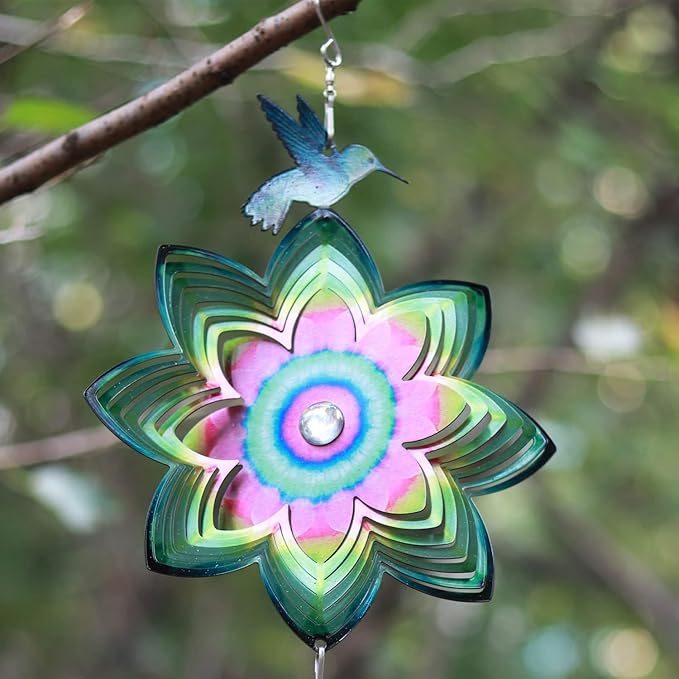 SPRING SONG Hummingbird on Mandala Flower Wind Spinner for Yard and Garden Stainless Steel Spinner Indoor and Outdoor Hanging Decor Crafts Ornament Gifts Kinetic Art Yard Garden Hanging Wind Spinner
