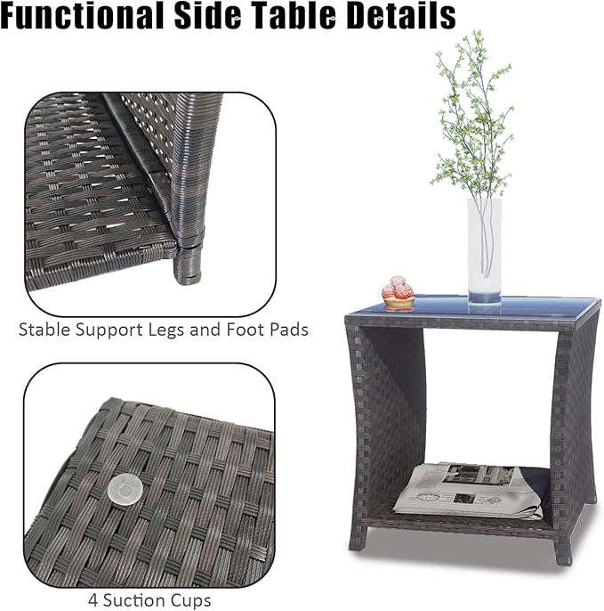 Outdoor Rattan Side Table, Modern Patio End Side Table with Glass Top and Storage Shelf, Wicker Side Table for Yard, Balcony, or Livingroom