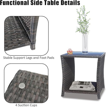 Outdoor Rattan Side Table, Modern Patio End Side Table with Glass Top and Storage Shelf, Wicker Side Table for Yard, Balcony, or Livingroom