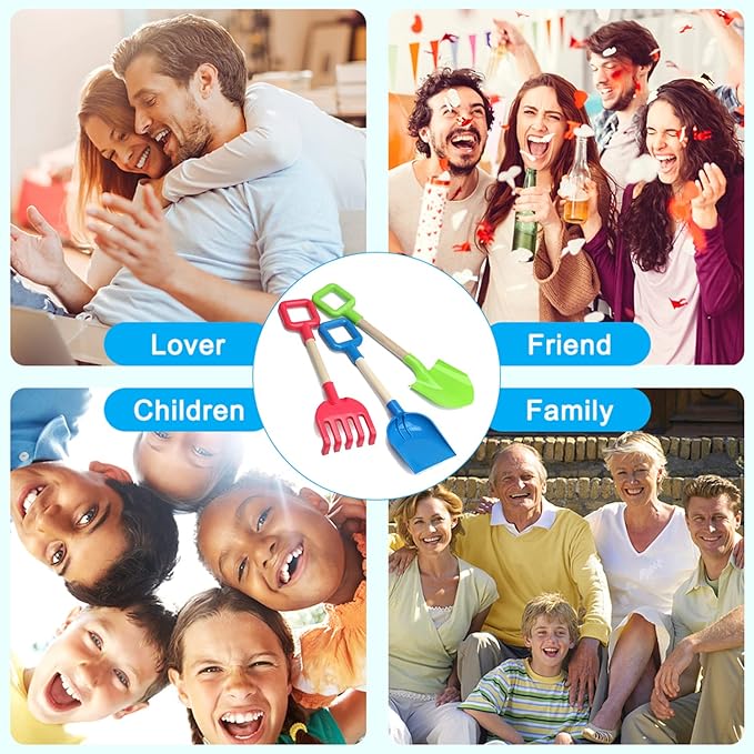 Jumbo Beach Shovels Rake Spade Toys Set for Kids, 16" Long Wooden Handle ABS Plastic Sand Scoop, Planting Summer Winter Gift for Mud Sand Snow Digging, Backyard Gardening Tool Accessories, 3 Pack