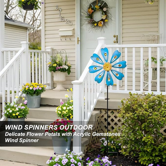 Flower Outdoor Metal Wind Spinner, Single-Layer Kinetic Garden Art with Vibrant Blue Finish - Weatherproof Wind Sculpture for Lawn, Patio, Yard Decor - 10''W x 36''H