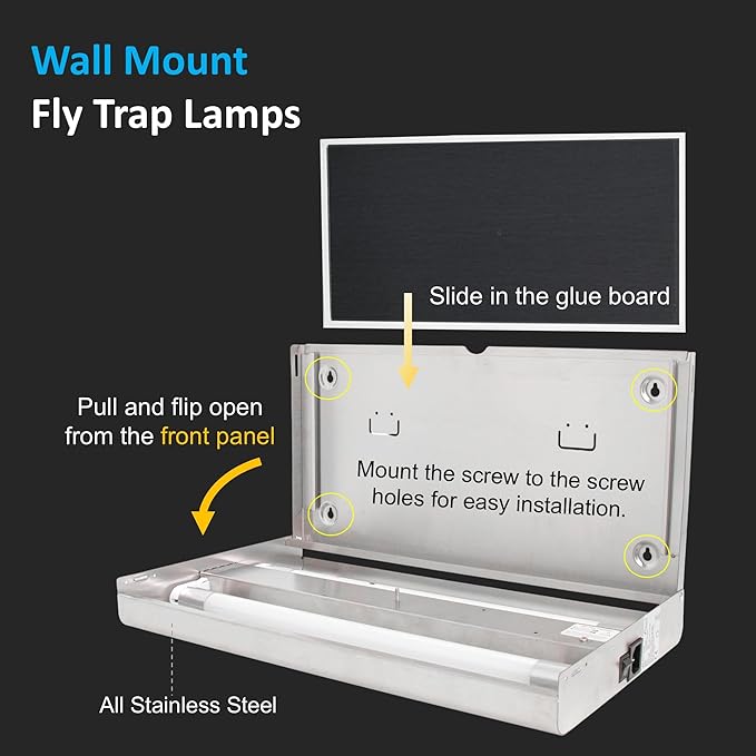 Awoco 12W LED Stainless Steel 100V-240V Wall Mount Sticky Fly Trap Lamp for Capturing Flies, Mosquitoes, Moths and Flying Insects, Perfect for Home, Restaurants, Kitchens, Warehouses