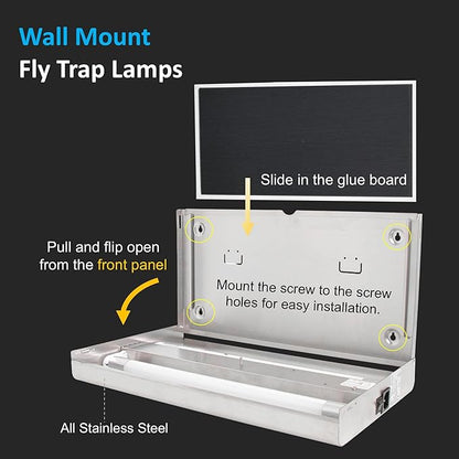 Awoco 12W LED Stainless Steel 100V-240V Wall Mount Sticky Fly Trap Lamp for Capturing Flies, Mosquitoes, Moths and Flying Insects, Perfect for Home, Restaurants, Kitchens, Warehouses