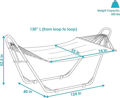 Sunnydaze Double Quilted Fabric Hammock with Universal Steel Stand - 450-Pound Capacity - Black Stand - Blue and Green