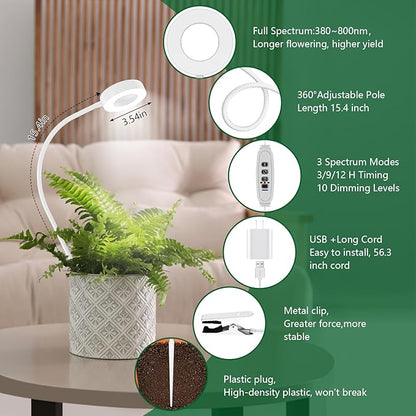 Grow Lights for Indoor Plants Full Spectrum, Clip-on LED Plant Lights for Indoor Growing with Auto On/Off Timing 3/9/12 Hrs, 10 Dimmable Levels, 3 Spectrum Modes & Adjustable Gooseneck, White, 1 Pack
