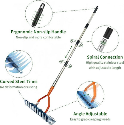 Thatch Rake,14" Wide 21-Tines Sturdy Garden Dethatcher Rake,Heavy Duty Ergonomic Adjustable Stainless Steel Handle;Durable Versatile Head for Removing Dead Grass and Leaves Clippings, Loosening Soil