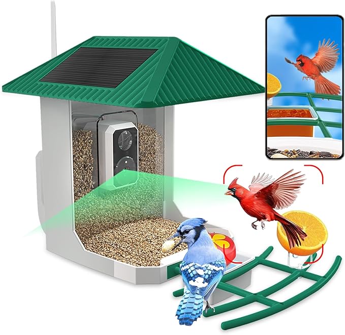 2.5K Smart Bird Feeder with Camera, 5GHz &2.4GHz Birds Watching Camera with AI Identify Bird Species, Outdoor Birds Feeder House with Solar Panel for BirdLovers (Green)