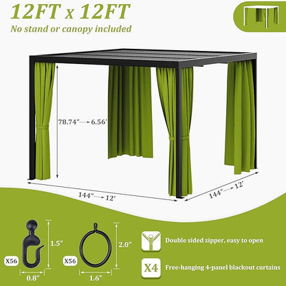 Gazebo Universal Replacement Privacy Curtain,12'×12' Gazebo Outdoor Waterproof Curtains, 4-Panels Sidewall Curtains with Double Zipper for Patio Canopy, Garden and Backyard (Curtain Only)
