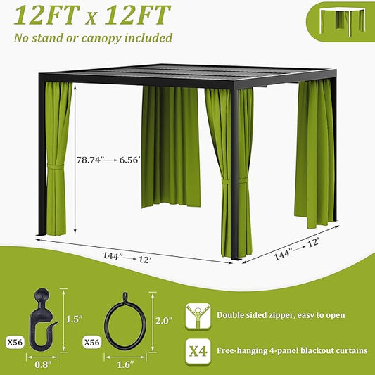 Gazebo Universal Replacement Privacy Curtain,12'×12' Gazebo Outdoor Waterproof Curtains, 4-Panels Sidewall Curtains with Double Zipper for Patio Canopy, Garden and Backyard (Curtain Only)