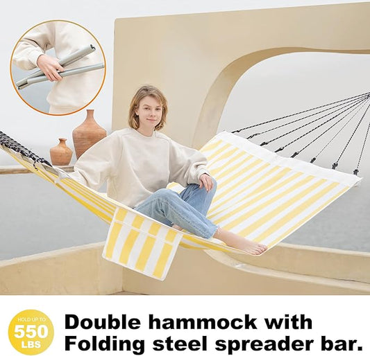 14ft Two Person Outdoor Hammock, Portable Camping with Folding Steel Spreader Bar, Carrying Bag, Carabiners, Tree Straps, Pillow & Sidebag, Quick Dry Textilene, 550 lbs Capacity (Lemon)