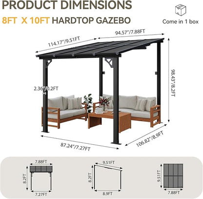 Aoxun 8' x 10' Gazebo for Patio, Gazebo Pergola with Sloped Roof, Large Wall-Mounted Heavy Duty Awnings, for Backyard, Deck, Patio (Gray Polycarbonate Panel)