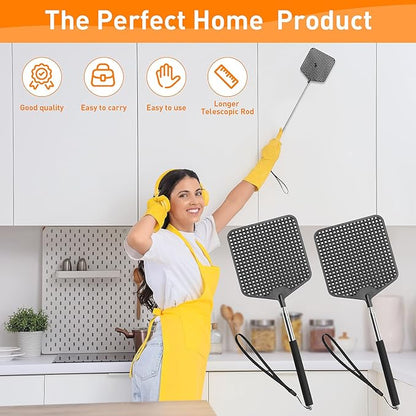 Telescopic Fly Swatters 2 Pack, Premium Plastic Flyswatter, Fly Swatter Heavy Duty for Indoor, Outdoor, Classroom, Stainless Steel Handle（Black）