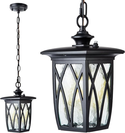 JYZ Dusk to Dawn Outdoor Pendant Lantern, 15 Inch Craftsman Style Large Exterior Hanging Light with Water Ripple Glass, Traditional Outdoor Chandelier for Front Porch Gazebo Patio Garden
