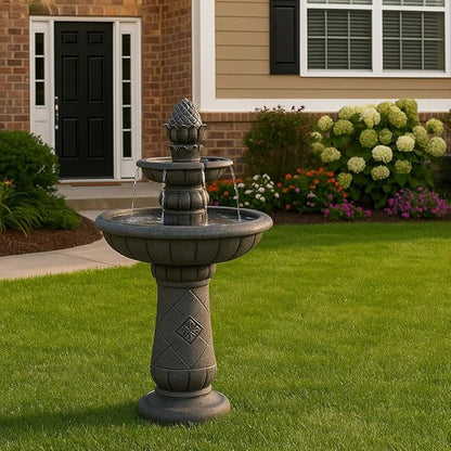 Teamson Home 39" Outdoor Water Fountain, 2 Tier Pineapple Pedestal Waterfall Fountain with Pump, Garden Patio Yard Décor, Durable Polyresin, Weatherproof, Iron Gray