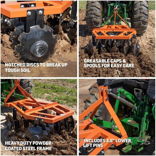 Titan Attachments 3 Point 4ft Notched Disc Harrow Plow Attachment for Cat 1 Tractors, Concave Discs for Tilling, Loosening and Lifting Soil